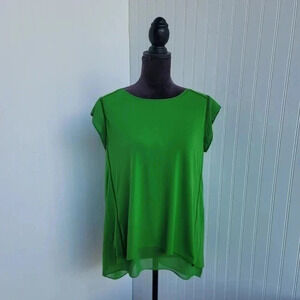 Worthington Blouse Womens Green Layred  Slit Back Short Sleeves Top Shirt Sz L